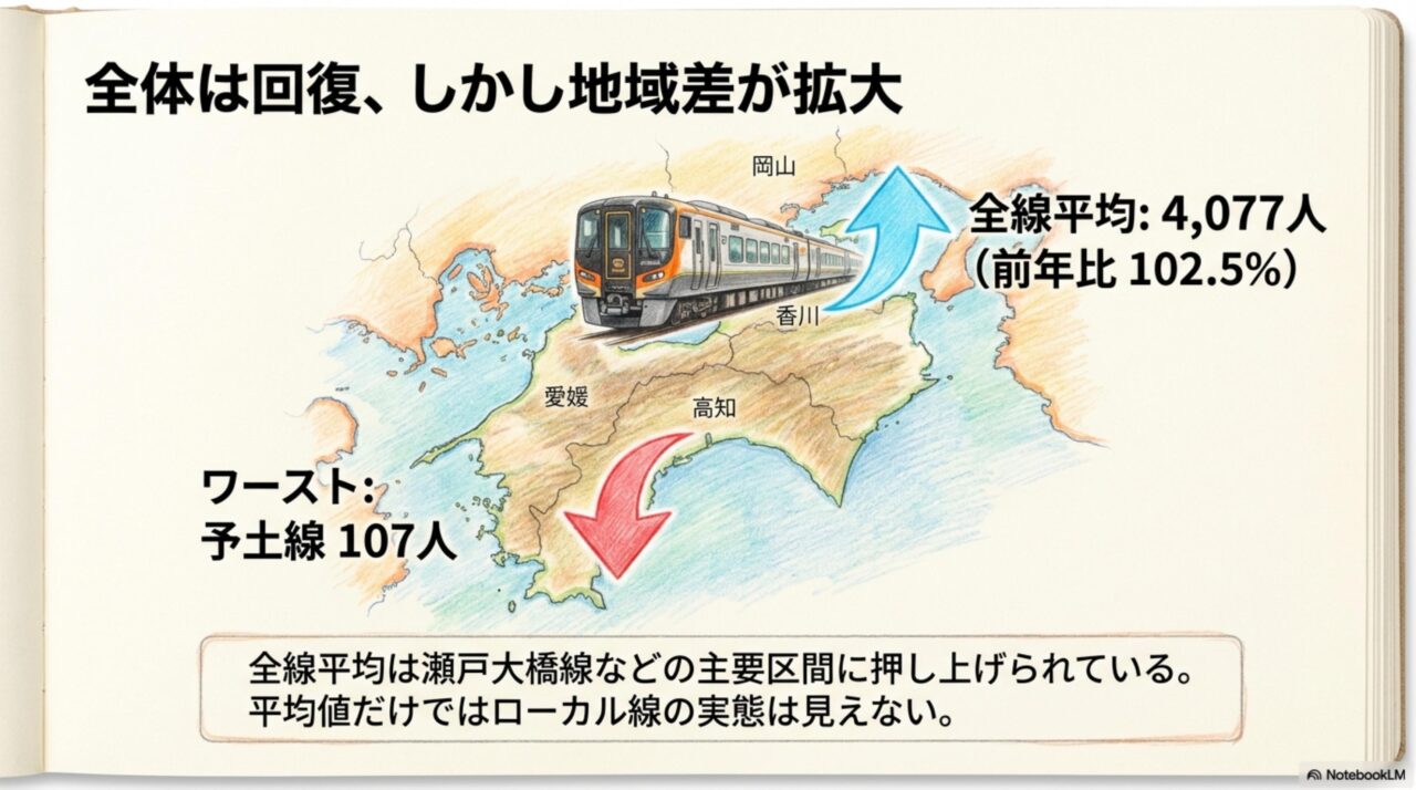 JR四国全線の輸送密度と地域差 JR四国全線平均4077人と予土線107人の地域差を示す図