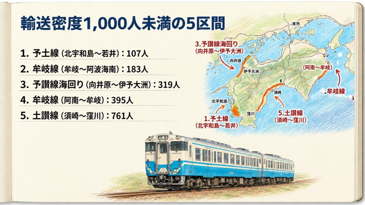 輸送密度1000人未満の5区間 予土線、牟岐線、予讃線海回り、土讃線の輸送密度1000人未満区間を示す四国地図