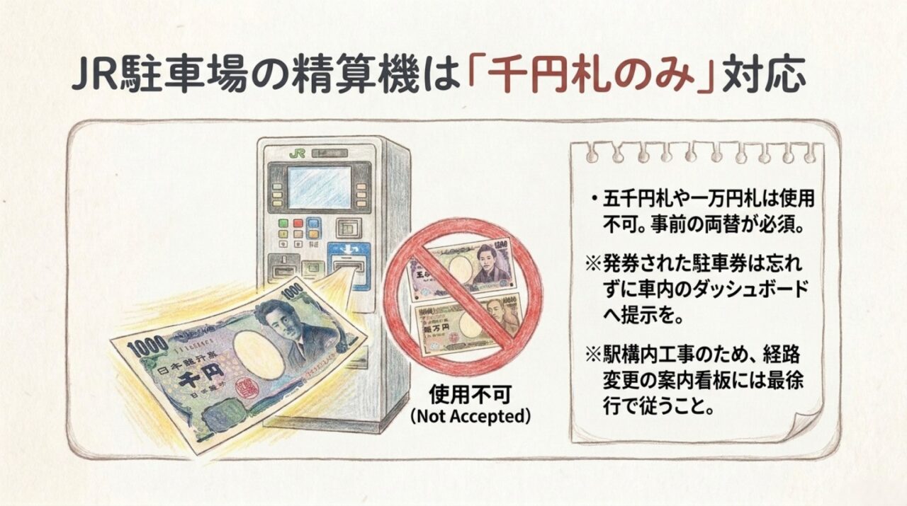 JR多度津駐車場の精算機は千円札のみ対応で駐車券をダッシュボードに提示する必要があることを示した図解
