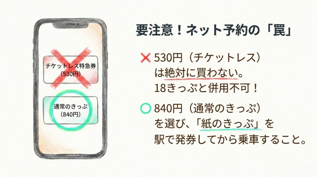 e5489チケットレスと青春18きっぷの注意点 青春18きっぷと530円のチケットレス特急券は併用できず840円の通常きっぷを選ぶ注意点