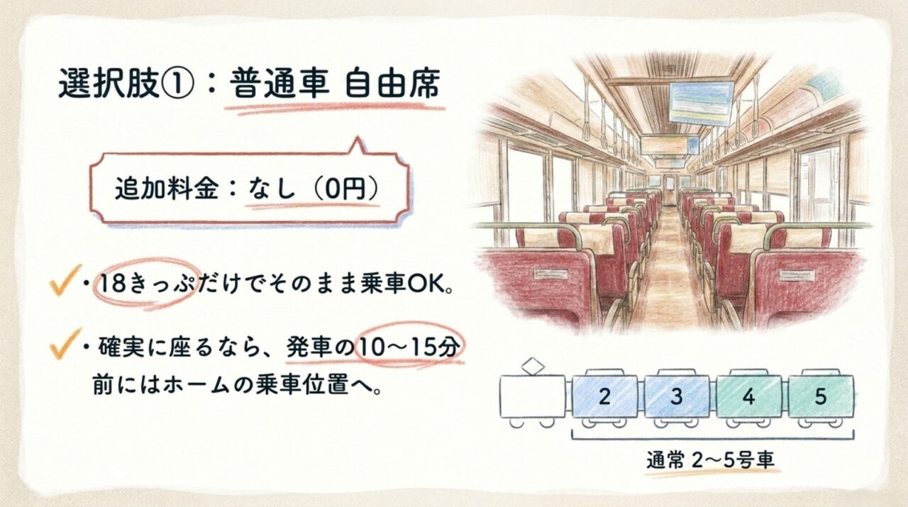 マリンライナー普通車自由席の利用条件 青春18きっぷだけで追加料金なしで利用できるマリンライナー普通車自由席と通常2号車から5号車の案内