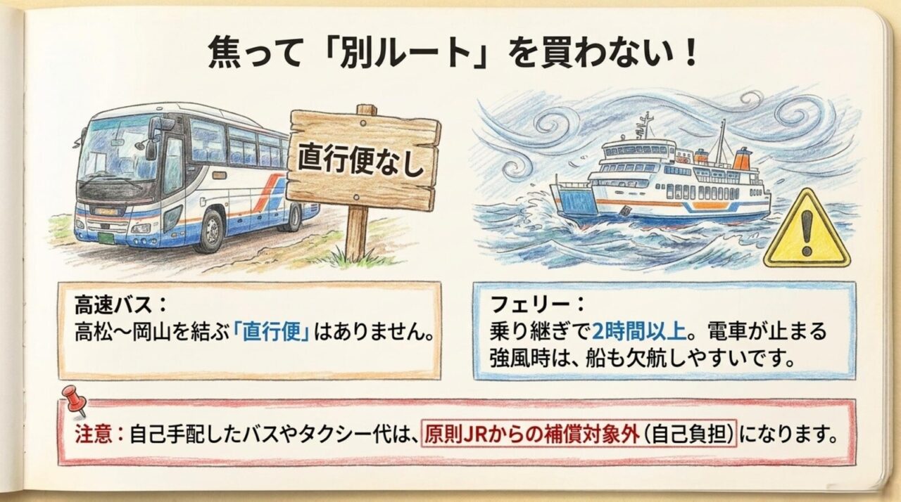高松岡山間に直行バスがなくフェリーも強風で欠航しやすいことを示す図