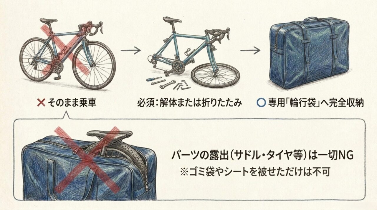 マリンライナーへ自転車を持ち込む輪行ルール 自転車を解体または折りたたんで専用の輪行袋へ完全収納する手順