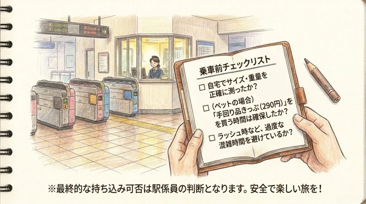 マリンライナー乗車前の持ち込みチェックリスト マリンライナー乗車前にサイズ・重量・手回り品きっぷ・混雑時間を確認するチェックリスト