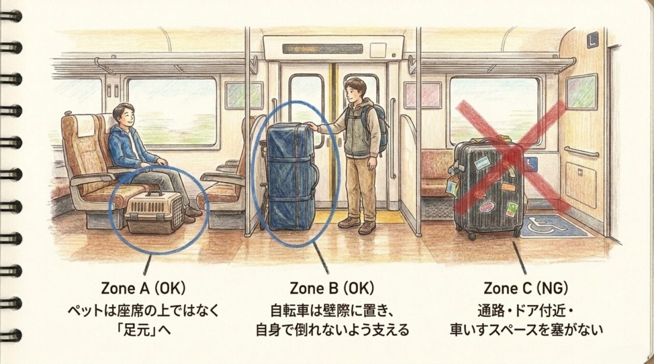 マリンライナー車内の手回り品の置き方 マリンライナー車内でペットケースと輪行袋を安全に置き車いすスペースをふさがない例