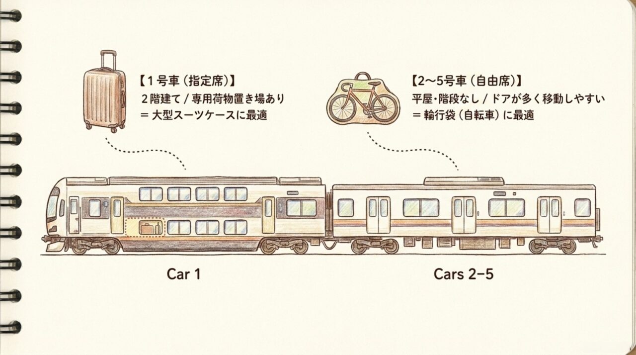 マリンライナーの荷物に合わせた車両選び マリンライナー1号車は大型スーツケース向きで2号車から5号車は輪行袋を運びやすいことを示す編成図