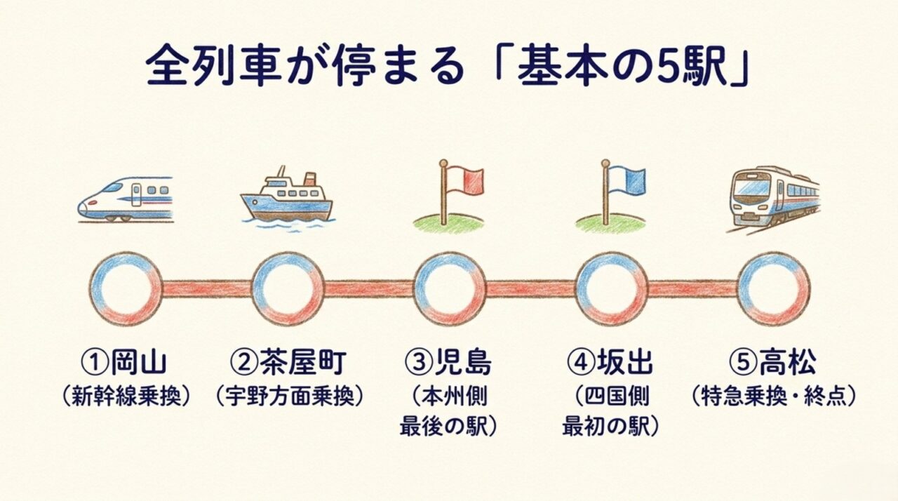 マリンライナーが全列車停車する5駅 マリンライナーが停車する岡山・茶屋町・児島・坂出・高松の主要5駅一覧