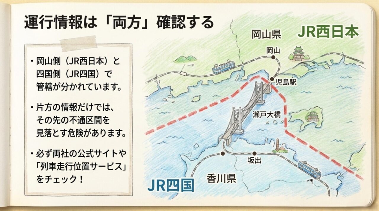 マリンライナーの運行状況をJR四国とJR西日本の両方で確認する路線図