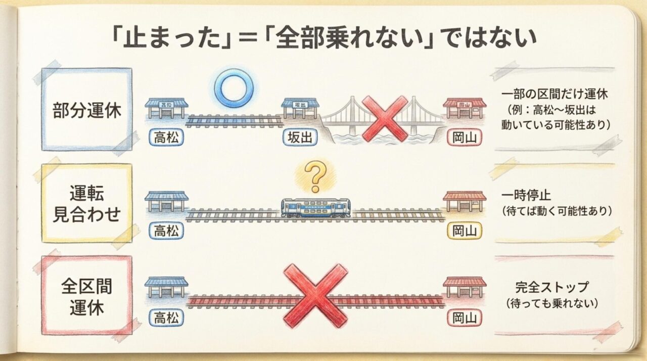 高松から岡山間における部分運休と運転見合わせと全区間運休の違い