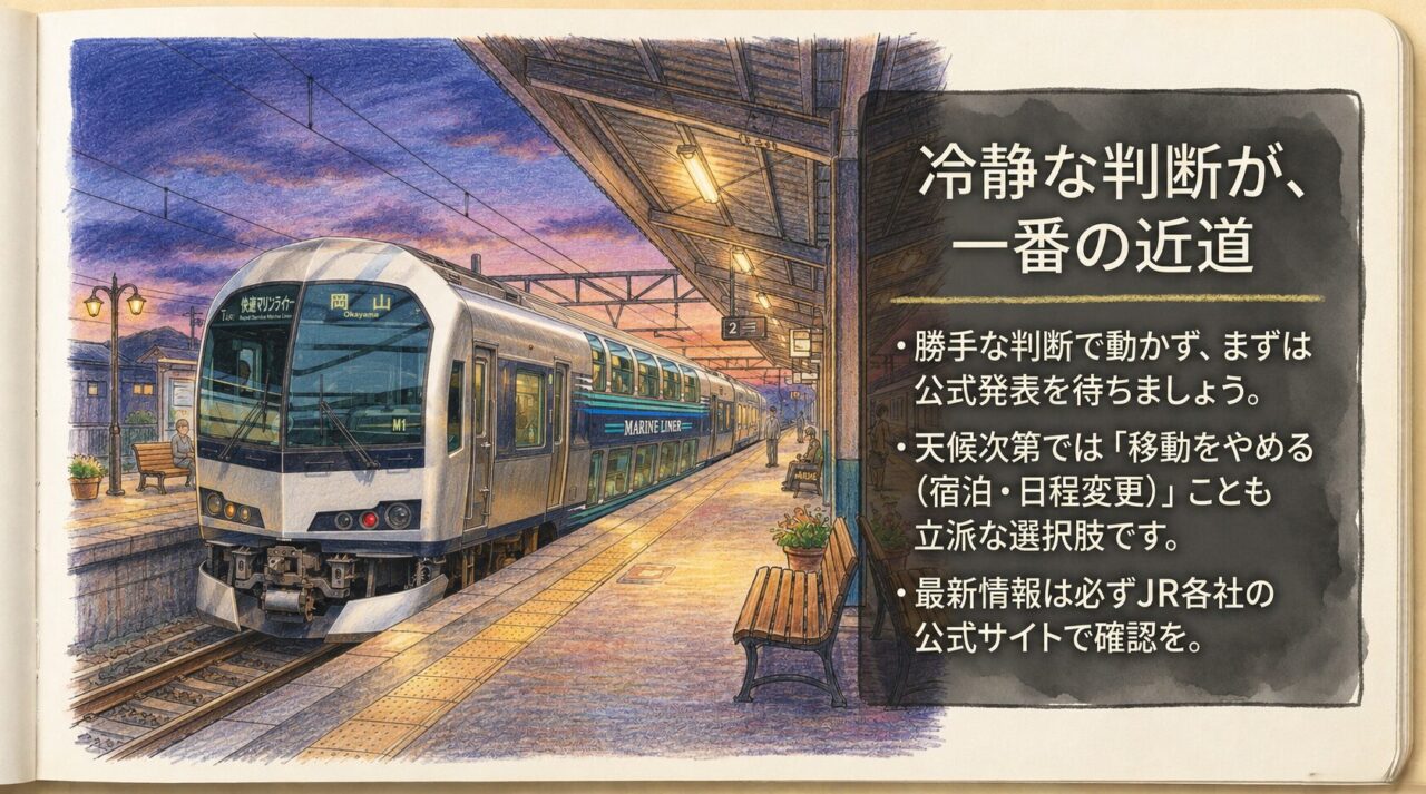 夕方の駅に停車するマリンライナーと冷静な判断が近道というまとめ