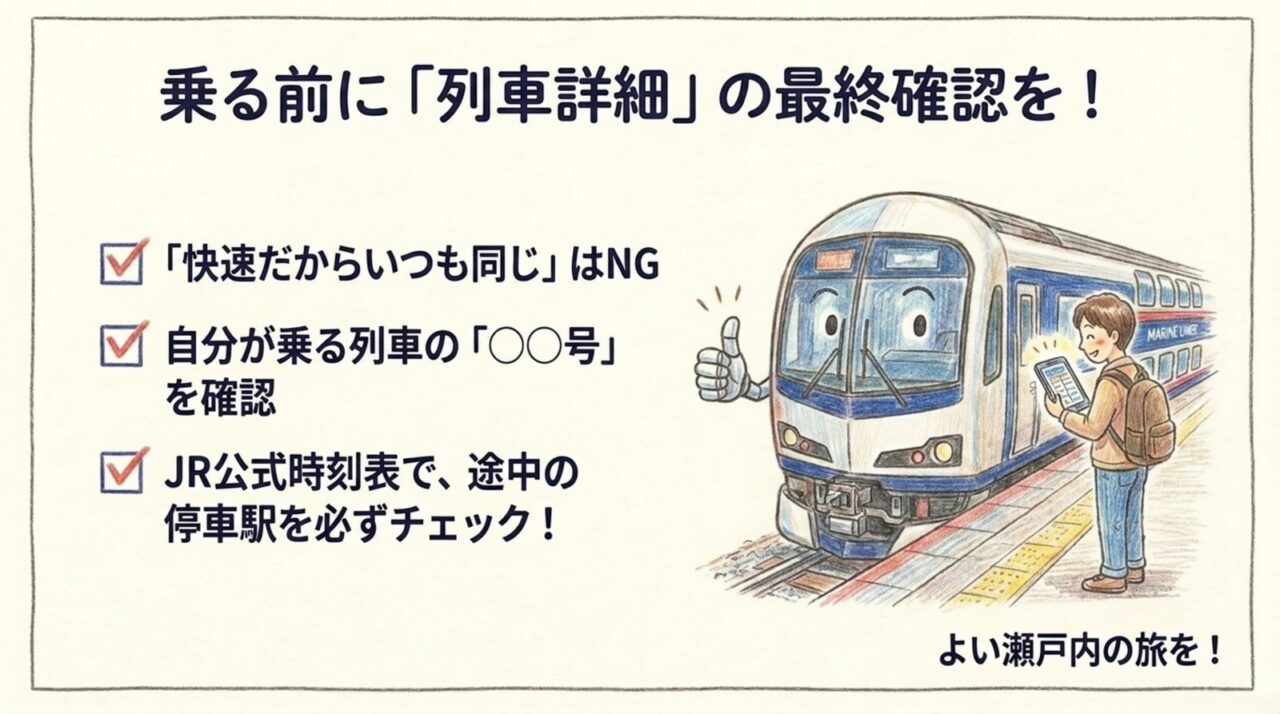 乗車前に列車詳細を確認 マリンライナー乗車前に列車番号と停車駅を公式時刻表で確認するポイント