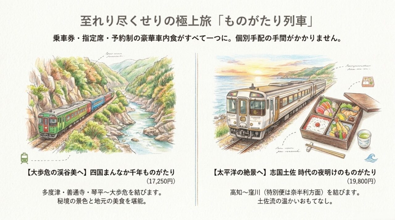 ものがたり列車きっぷ|料金と体験の比較 四国まんなか千年ものがたりと志国土佐 時代の夜明けのものがたりの料金・景色・車内食比較