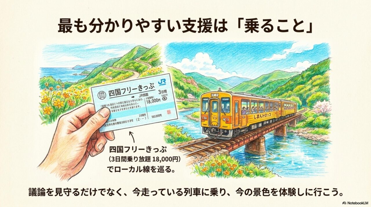四国フリーきっぷでローカル線を巡る 四国フリーきっぷと予土線の列車を描いたローカル線旅行の図