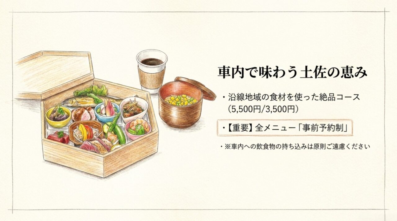 車内で味わう土佐の食材を使った事前予約制の食事と持ち込みルールを示したスライド