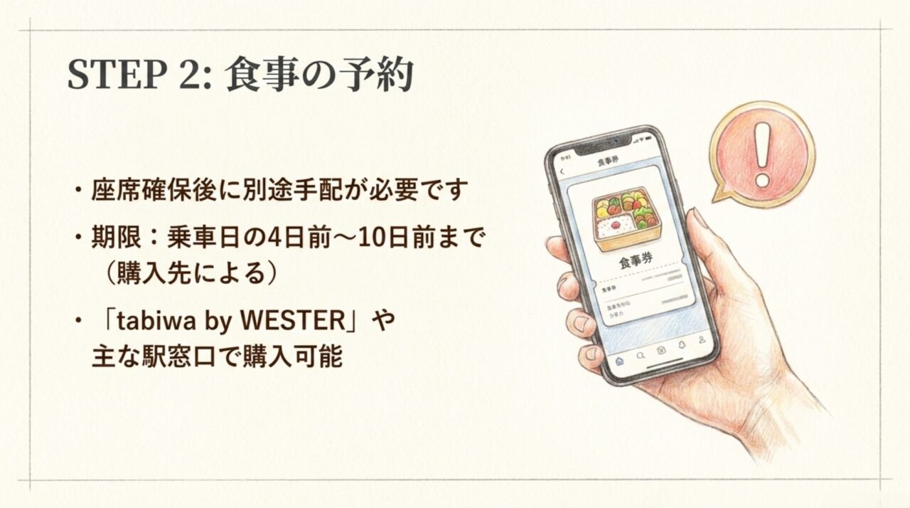座席確保後にtabiwa by WESTERや駅窓口で食事予約券を別途購入する手順