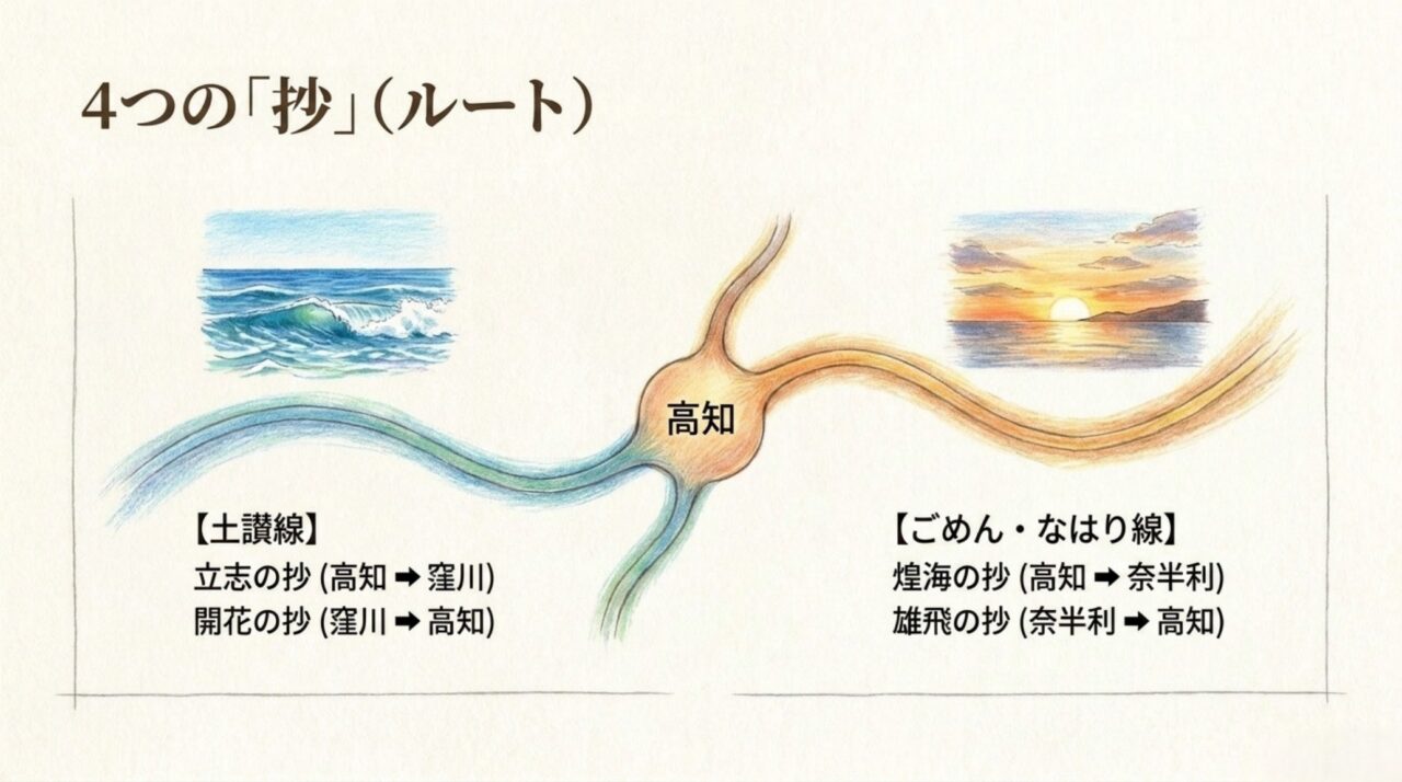高知駅を中心に土讃線とごめん・なはり線を走る立志・開花・煌海・雄飛の4つの抄のルート図