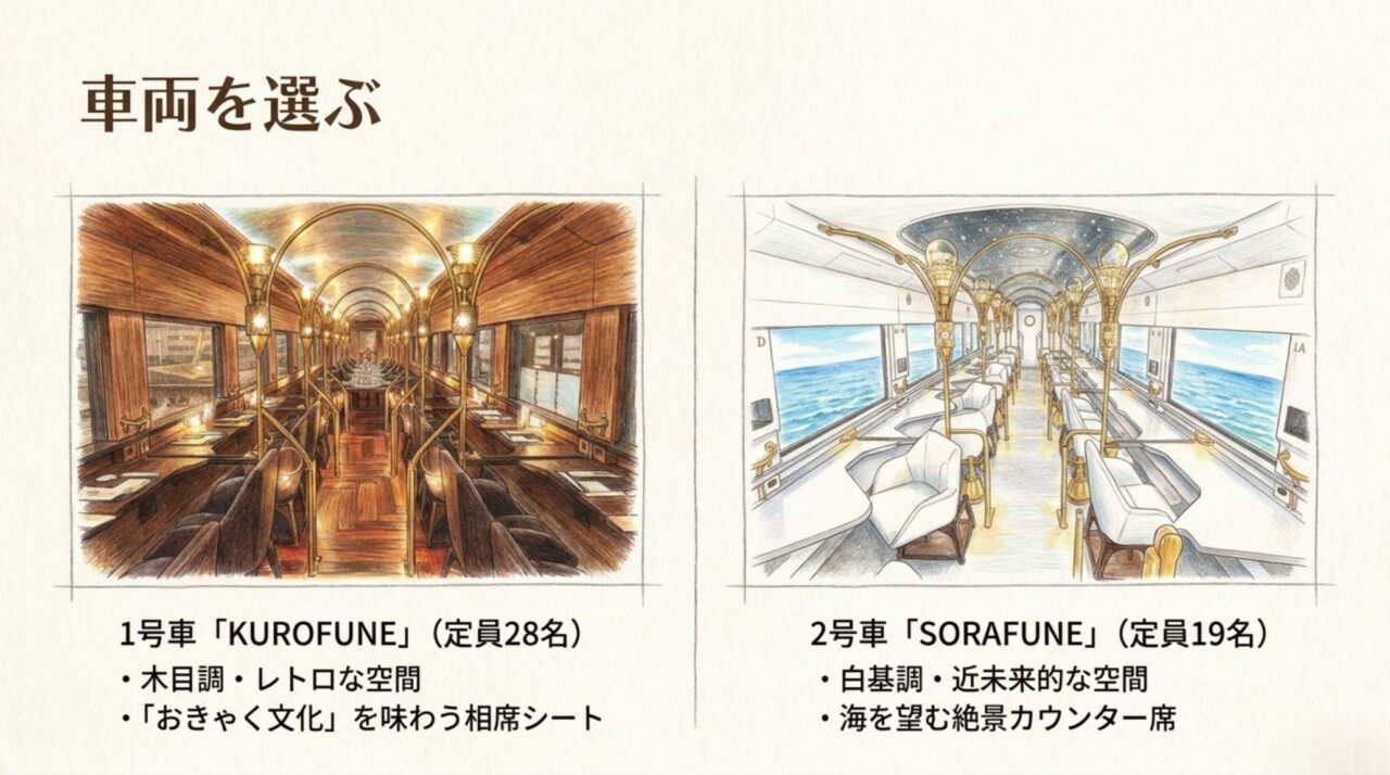 木目調の1号車KUROFUNEと白を基調とした2号車SORAFUNEの車内イメージ比較