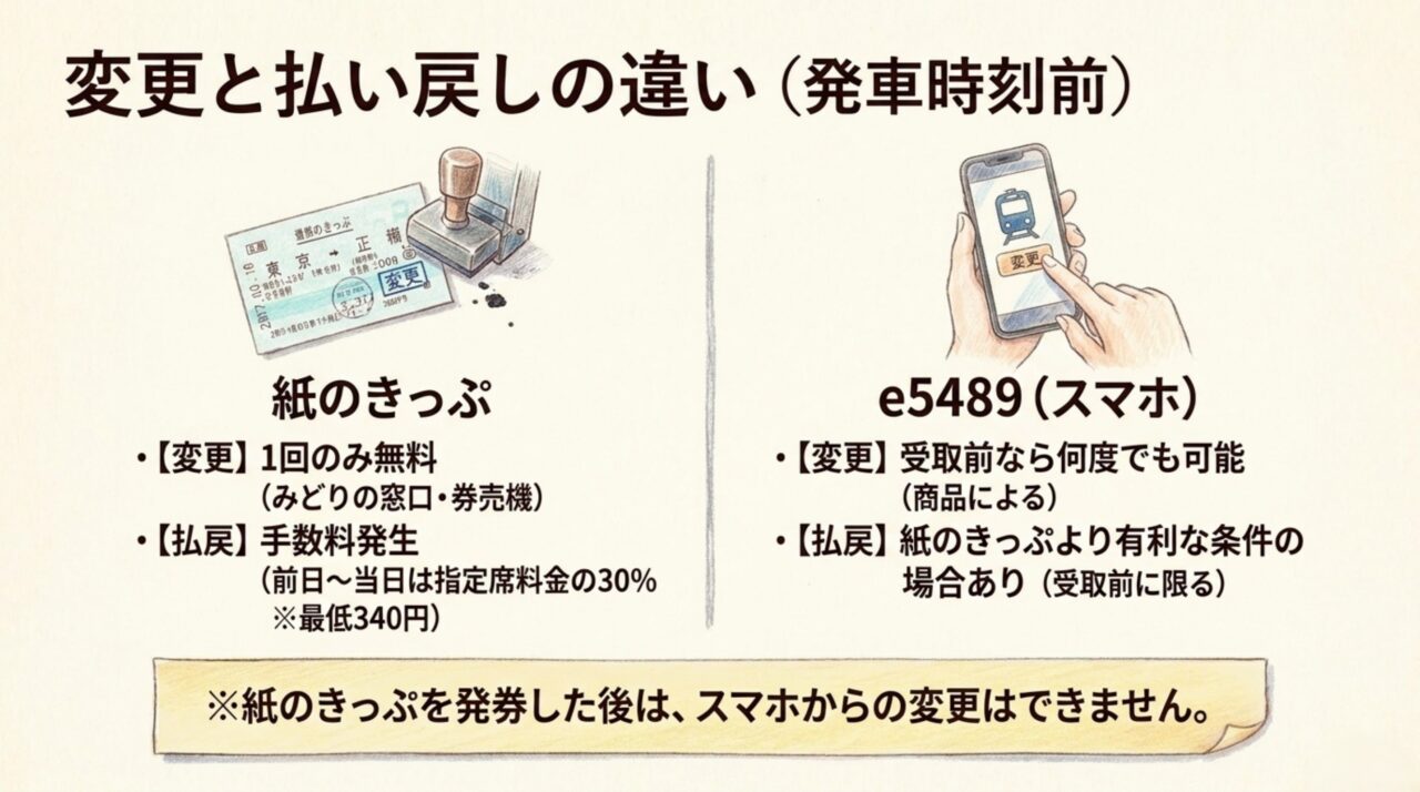 紙のきっぷは変更1回でe5489は受取前なら複数回変更できる場合があることを比較した図