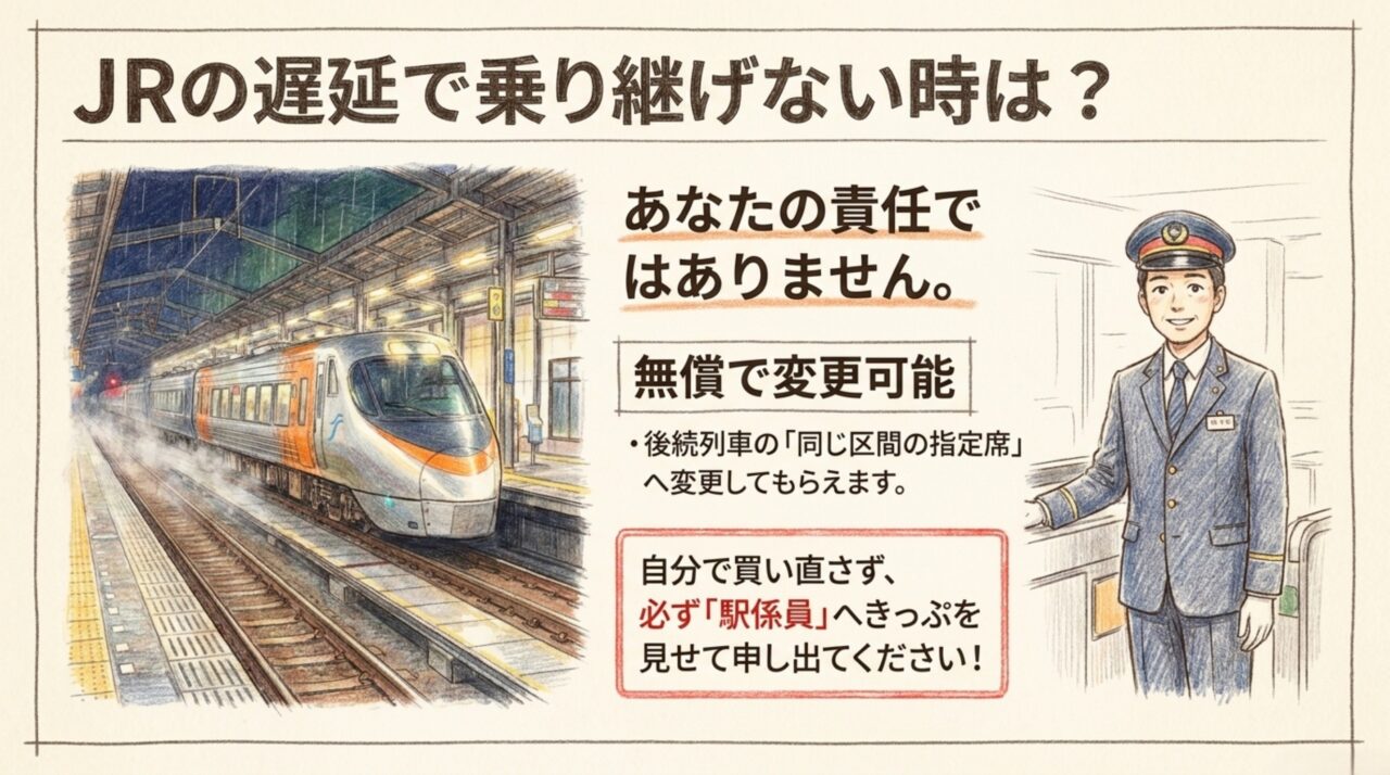 JR列車の遅延で特急しおかぜに乗り継げない場合は駅係員へ申し出て後続指定席へ変更できることを示す図