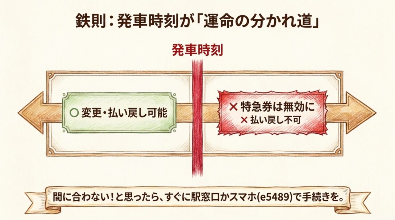 特急しおかぜは発車時刻前なら変更や払い戻しができ発車後は特急券が無効になることを示す図