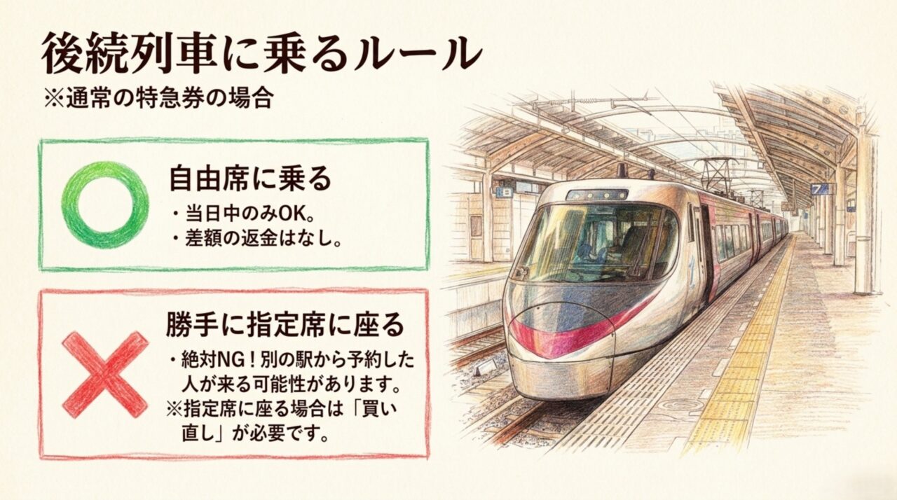 通常の指定席特急券で乗り遅れた場合は当日中の後続列車自由席を利用でき指定席へ勝手に座れないことを示す図