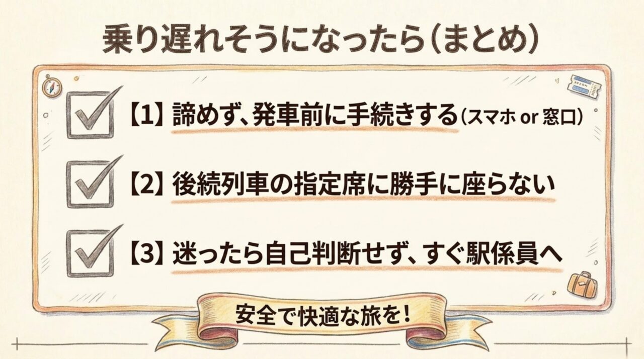 発車前の手続きと後続指定席へ勝手に座らないことと駅係員への確認をまとめたチェックリスト
