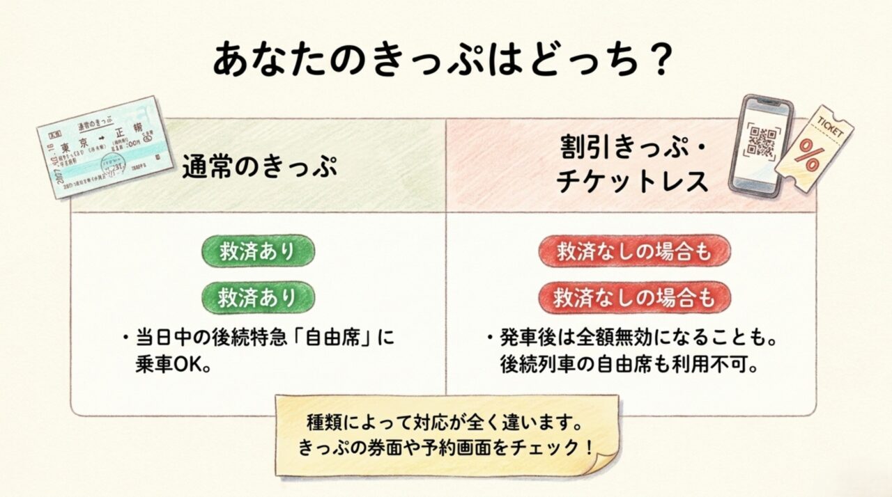 通常のきっぷと割引きっぷやチケットレスで乗り遅れ時の救済が異なることを比較した図