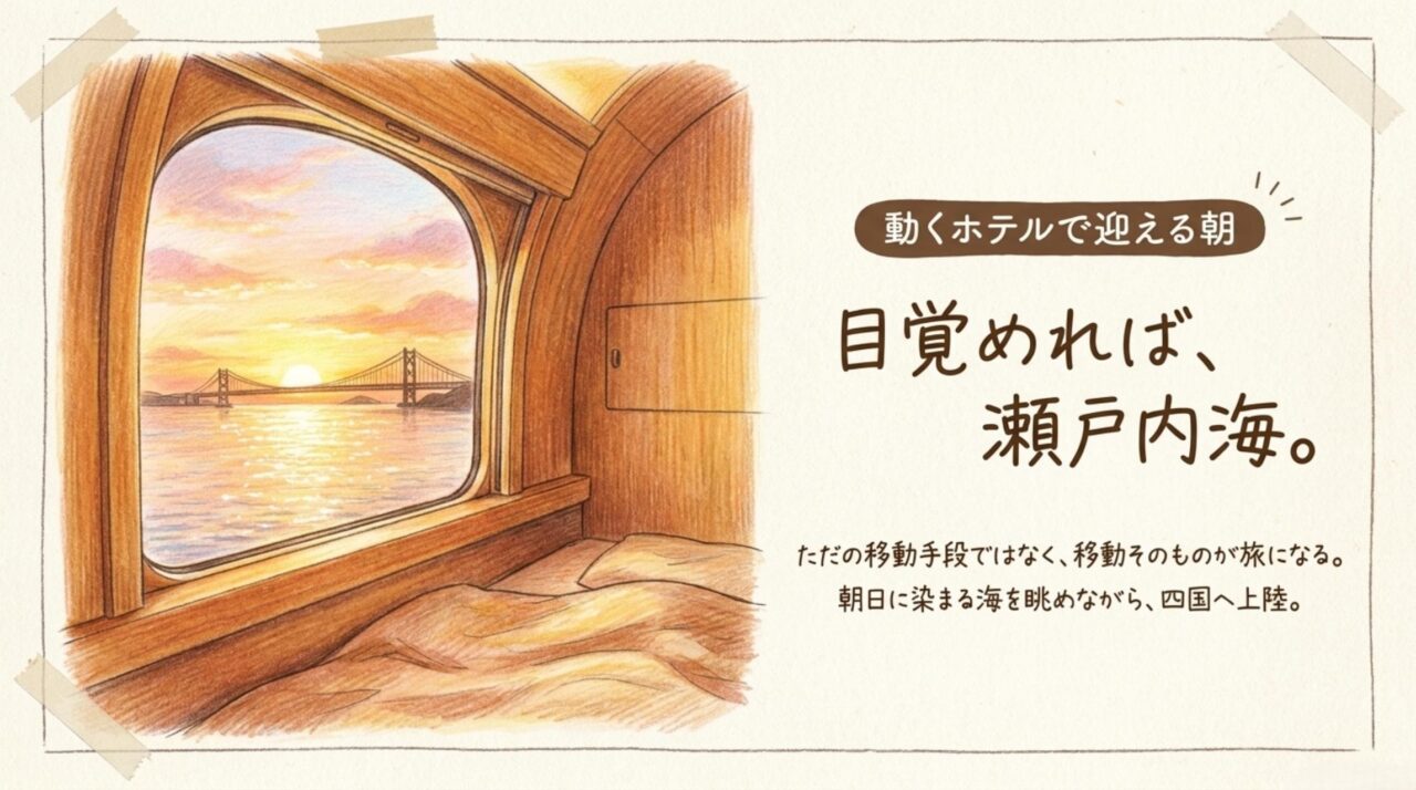 サンライズ瀬戸から見る瀬戸内海の朝 サンライズ瀬戸の車窓から朝日に染まる瀬戸内海と瀬戸大橋を眺めるイメージ