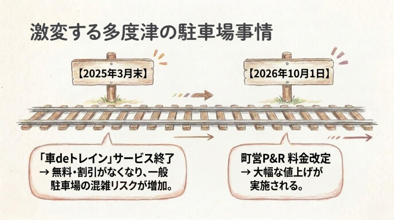 多度津駅の駐車場事情が車deトレイン終了と2026年10月1日の町営P&R料金改定で変わることを示した図解