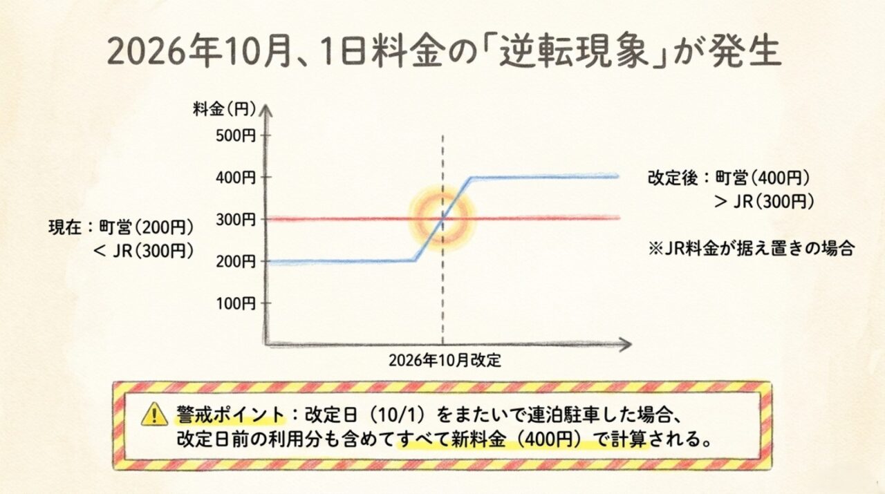 2026年10月1日の町営P&R料金改定により町営400円とJR300円で料金逆転が起こる可能性を示したグラフ