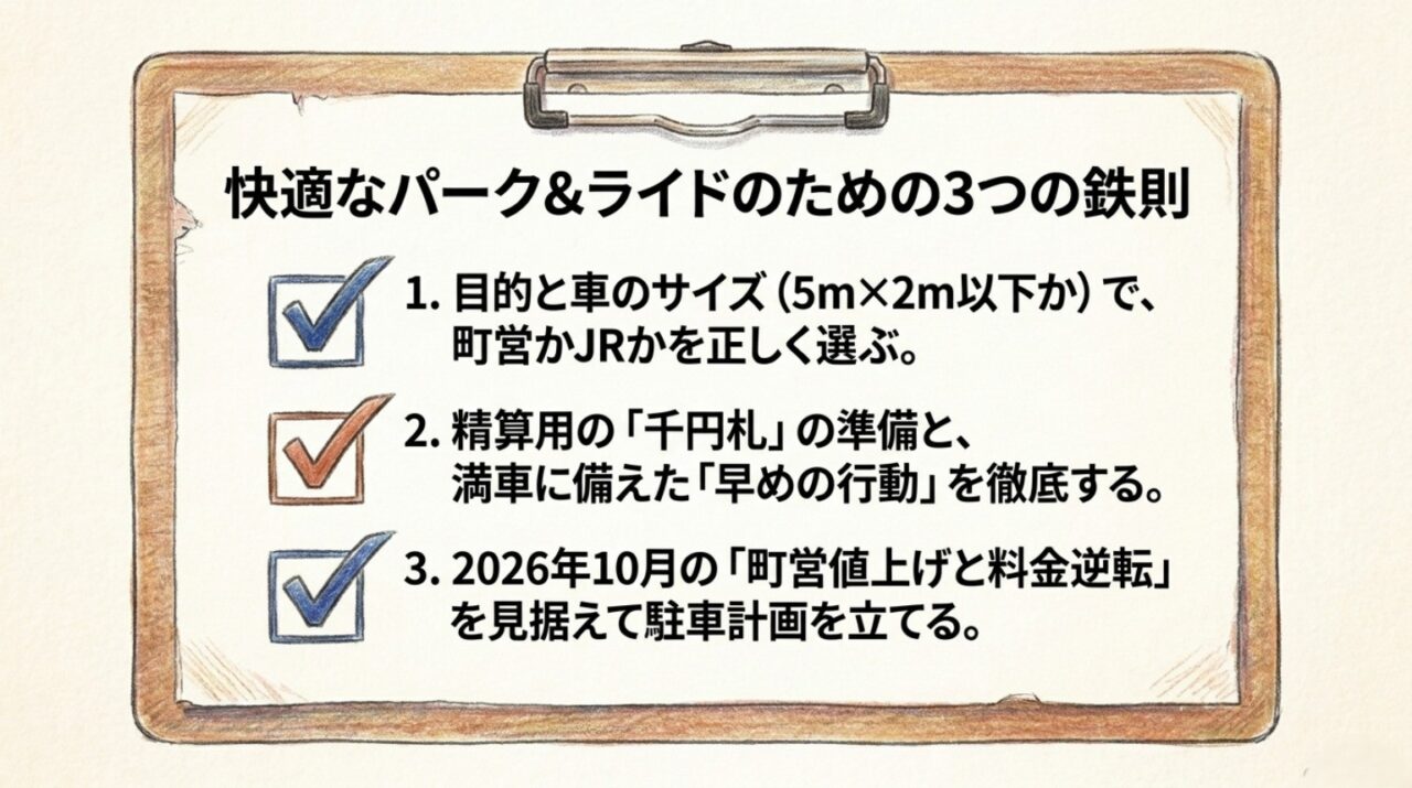 多度津駅で快適にパークアンドライドを利用するための3つの鉄則をまとめたチェックリスト