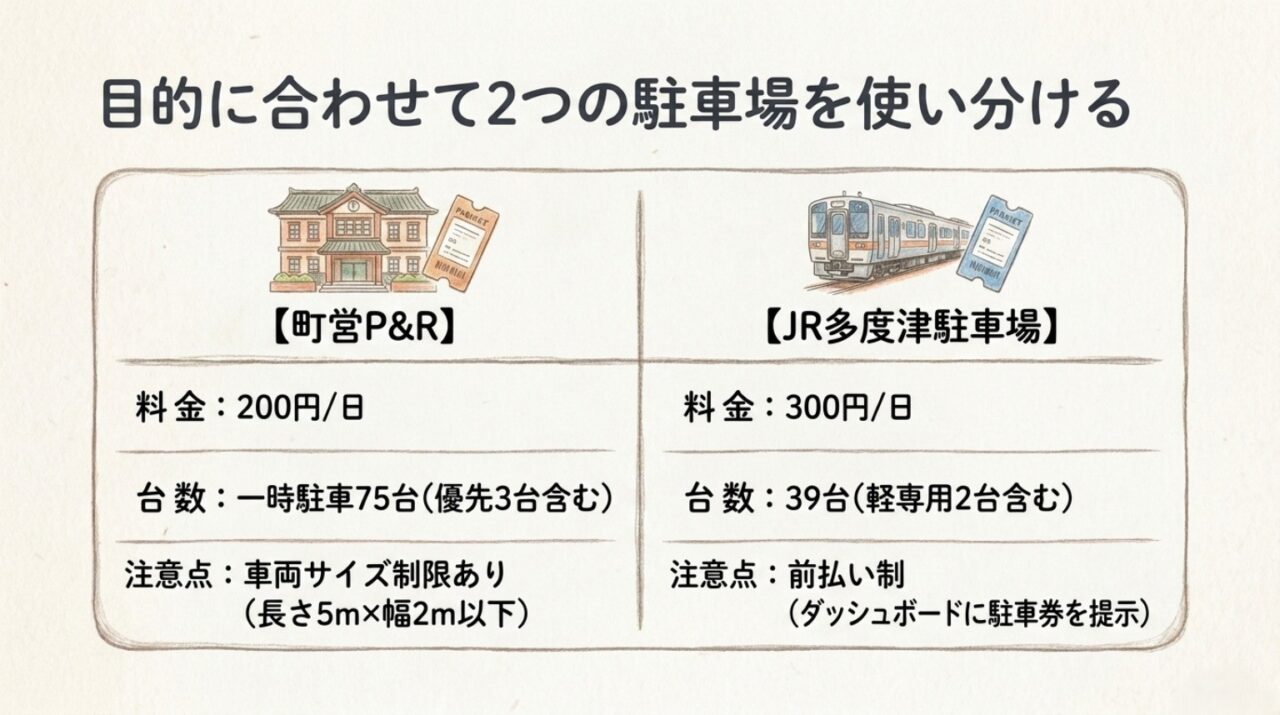 多度津駅周辺で使える町営パークアンドライド駐車場とJR多度津駐車場の料金や台数を比較した図解
