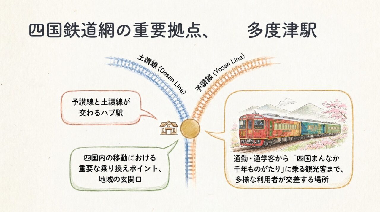 多度津駅が予讃線と土讃線の分岐点であり四国鉄道網の重要拠点であることを示した図解