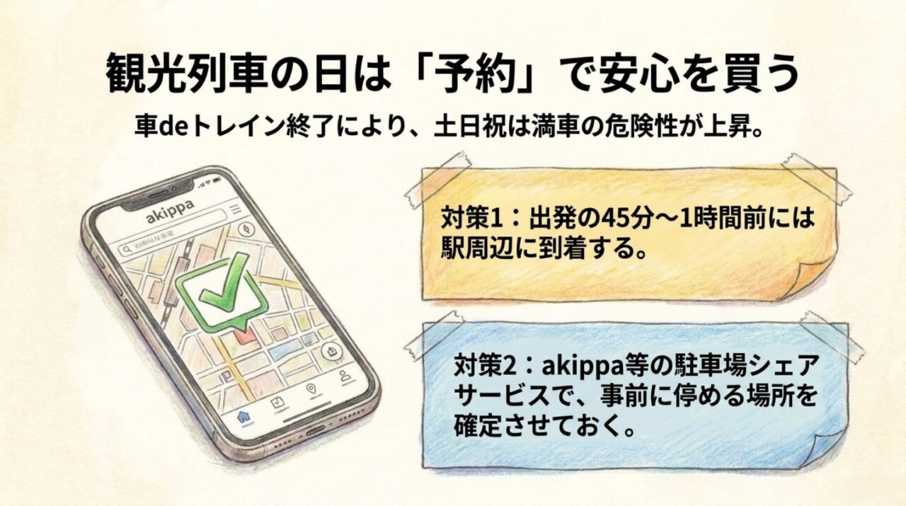 観光列車の日は駐車場予約サービスを使って事前に駐車場所を確保する対策を示した図解