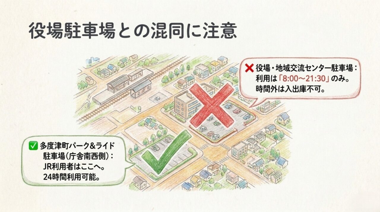 多度津町役場駐車場と多度津町パークアンドライド駐車場を混同しないよう注意喚起した図解