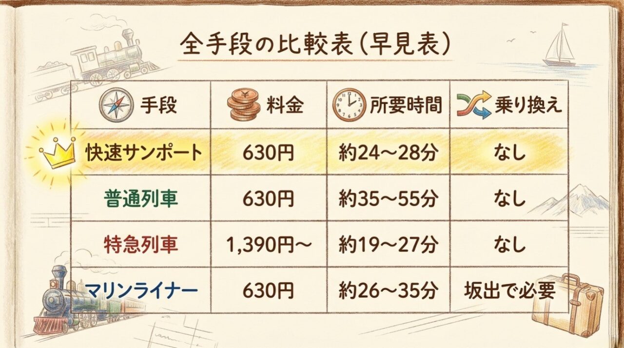 高松駅から丸亀駅の料金と所要時間比較 快速サンポート・普通列車・特急列車・マリンライナーの料金・所要時間・乗り換え比較表