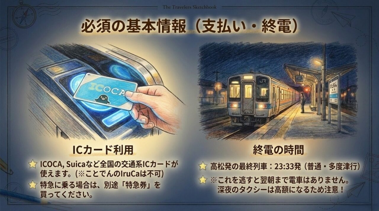 高松駅から丸亀駅のICOCA利用と終電 ICOCAなどの交通系ICカード利用方法と高松駅23時33分発の終電を解説するスライド