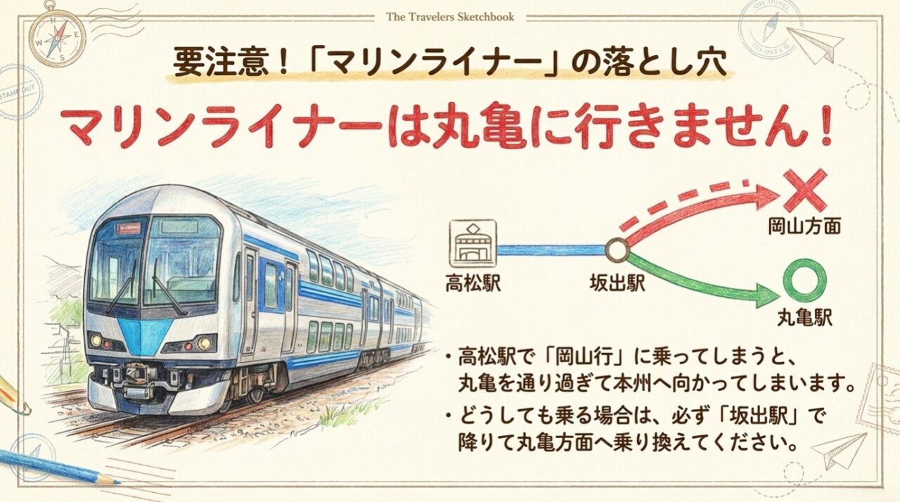マリンライナーは丸亀駅へ直通しない マリンライナーは坂出駅から岡山方面へ進み丸亀駅へは直通しないことを示すスライド
