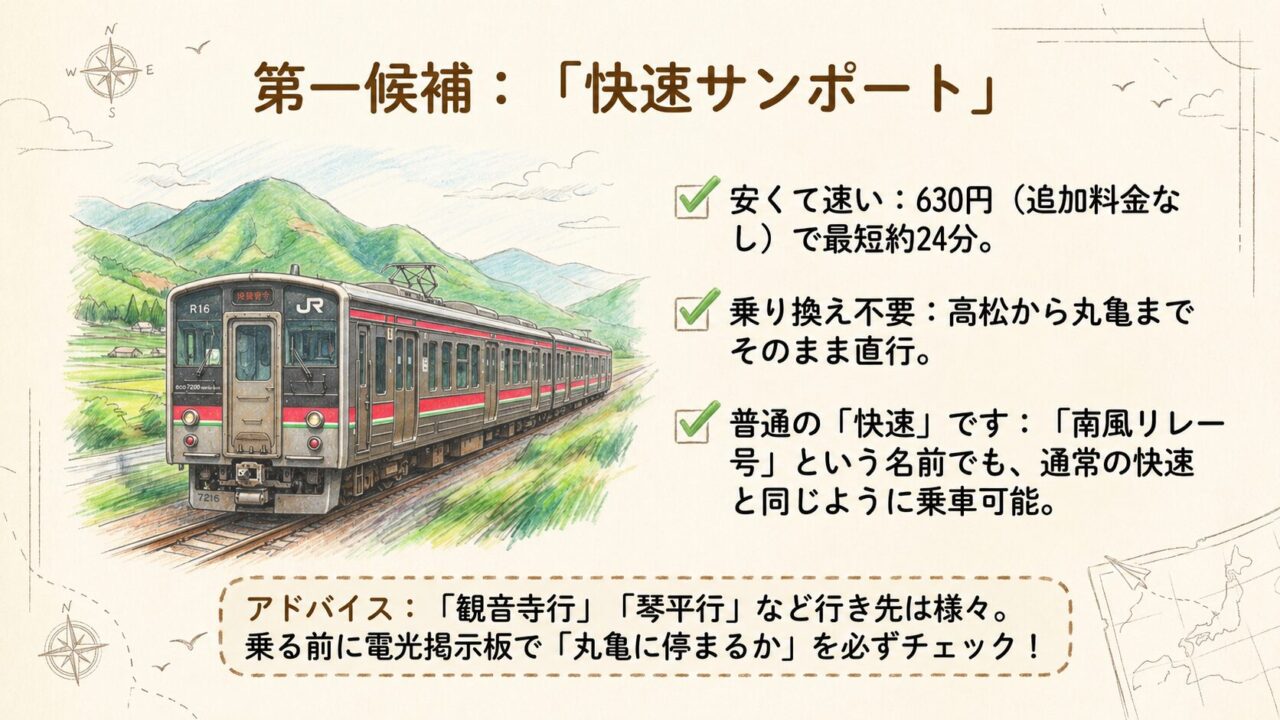 高松駅から丸亀駅は快速サンポートが第一候補 快速サンポートは630円で約24分から28分、乗り換えなしと解説するスライド
