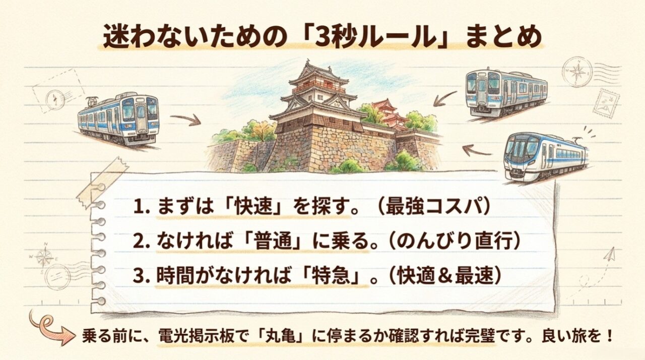 高松駅から丸亀駅で迷わない列車の選び方 快速・普通・特急の順に選ぶ高松駅から丸亀駅までの3秒ルールをまとめたスライド