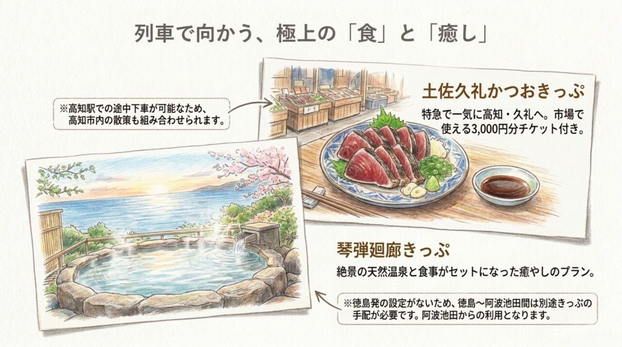 徳島発の日帰り旅|土佐久礼のカツオと琴弾廻廊 徳島から列車で向かう土佐久礼のカツオと琴弾廻廊の温泉日帰りプラン