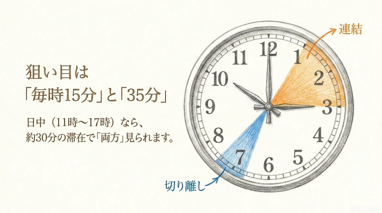 宇多津駅の併結・分離を見学しやすい時間帯 宇多津駅の連結は毎時15分前後、切り離しは毎時35分前後が目安と示す時計の図