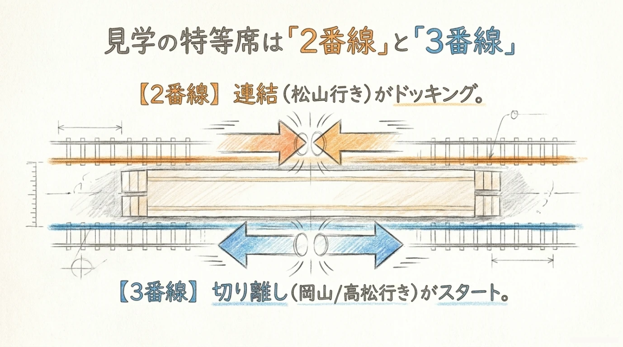宇多津駅の併結は2番線・分離は3番線 宇多津駅の2番線で併結、3番線で分離を行う位置関係を示した図