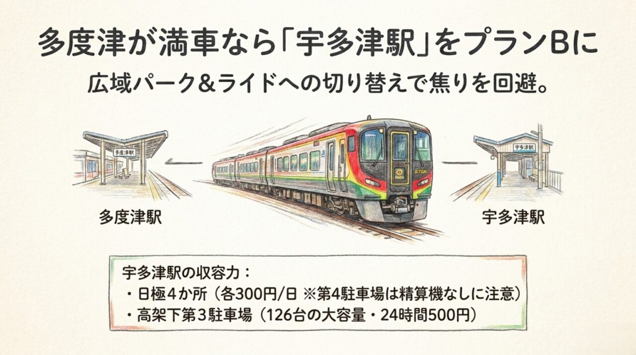 多度津駅周辺が満車の場合に宇多津駅をプランBとして使う広域パークアンドライドを示した図解