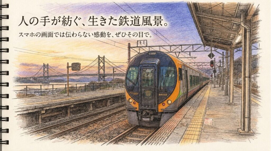 宇多津駅で感じる生きた鉄道風景 夕暮れの宇多津駅ホームと瀬戸大橋、JR四国の特急列車を描いた鉄道風景