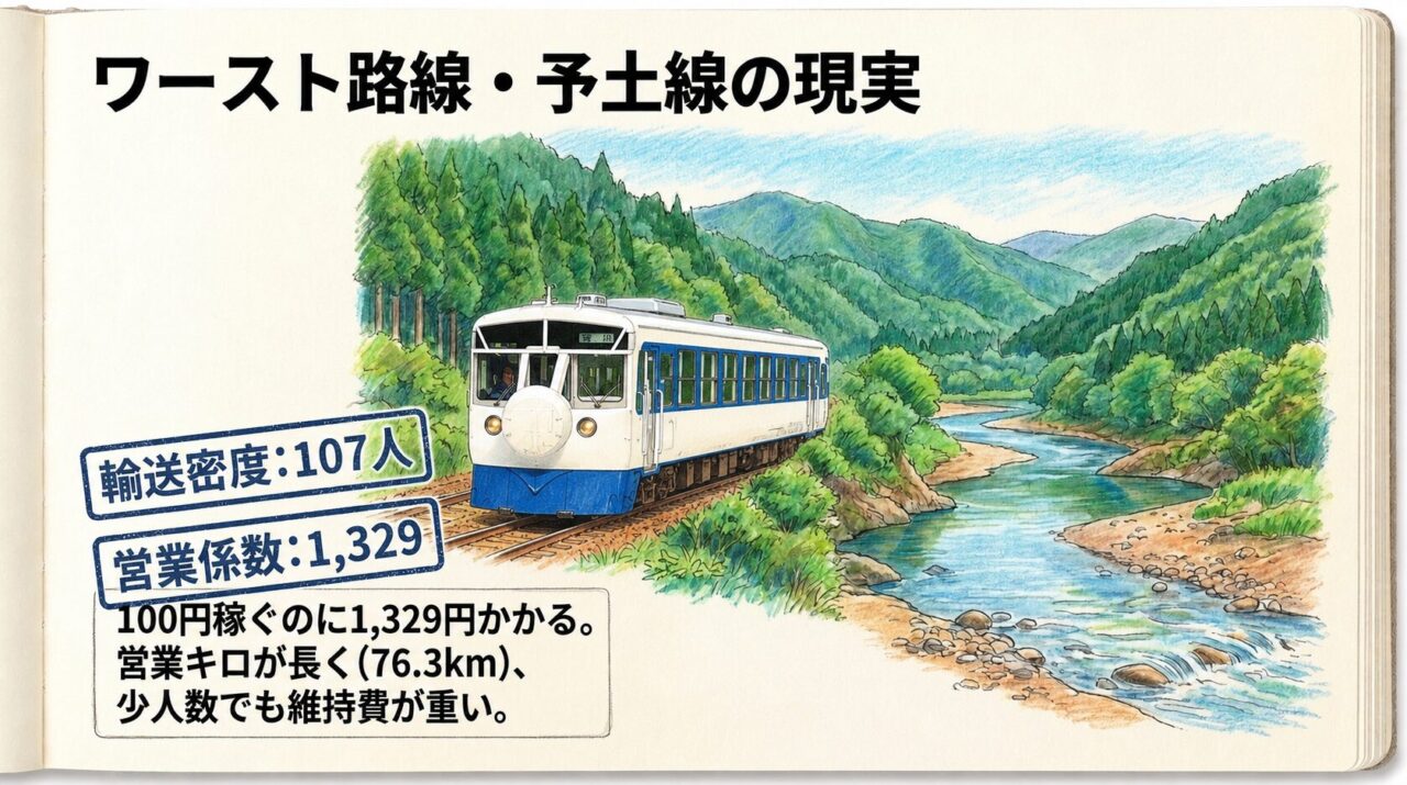 予土線の輸送密度と営業係数 予土線の輸送密度107人と営業係数1329を示す図