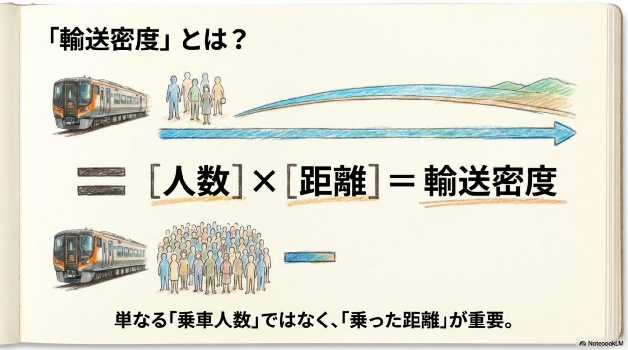 輸送密度の意味と計算イメージ 人数と乗車距離から輸送密度を算出する考え方を示す図