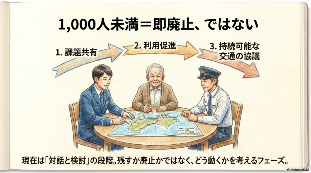 輸送密度1000人未満と路線協議 輸送密度1000人未満でも即廃止ではなく課題共有と利用促進と交通協議へ進む流れ