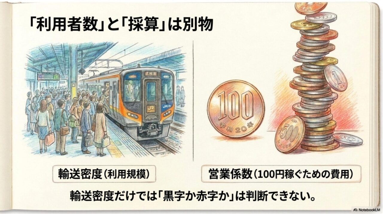 輸送密度と営業係数の違い 利用規模を示す輸送密度と採算を示す営業係数の違い