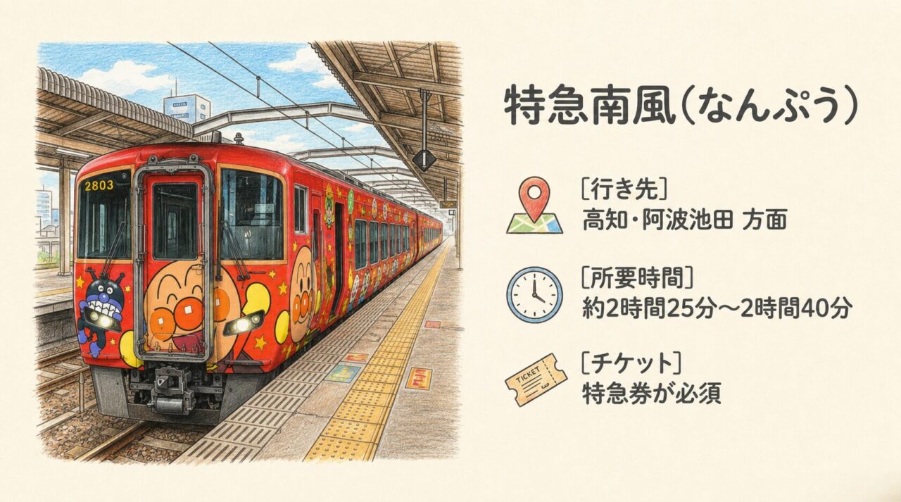 特急南風の行き先・所要時間・きっぷ 特急南風の行き先が高知・阿波池田方面、所要時間が約2時間25分から2時間40分、利用には特急券が必要と示したスライド